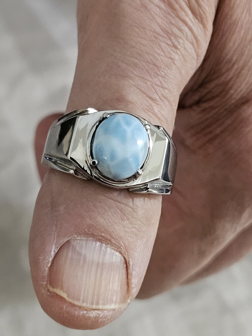 Sz 12.25, Stainless Steel Mans Ring, Larimar 5.9 Carats, New With Tags